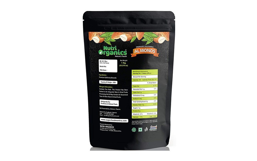 Nutri Organics Premium California Almonds    Pack  1 kilogram